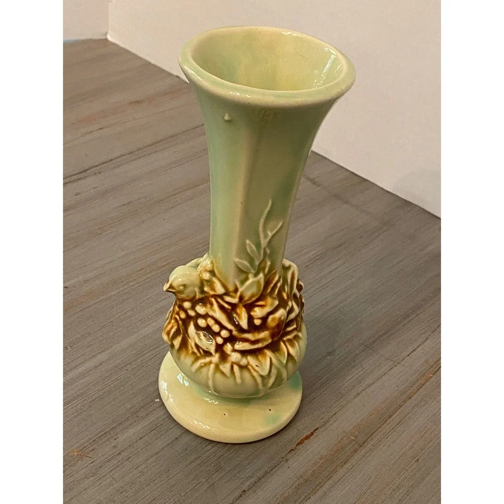 Vintage McCoy Bird and Nest Ceramic Bud Vase Celadon Green Brown Drip Glaze